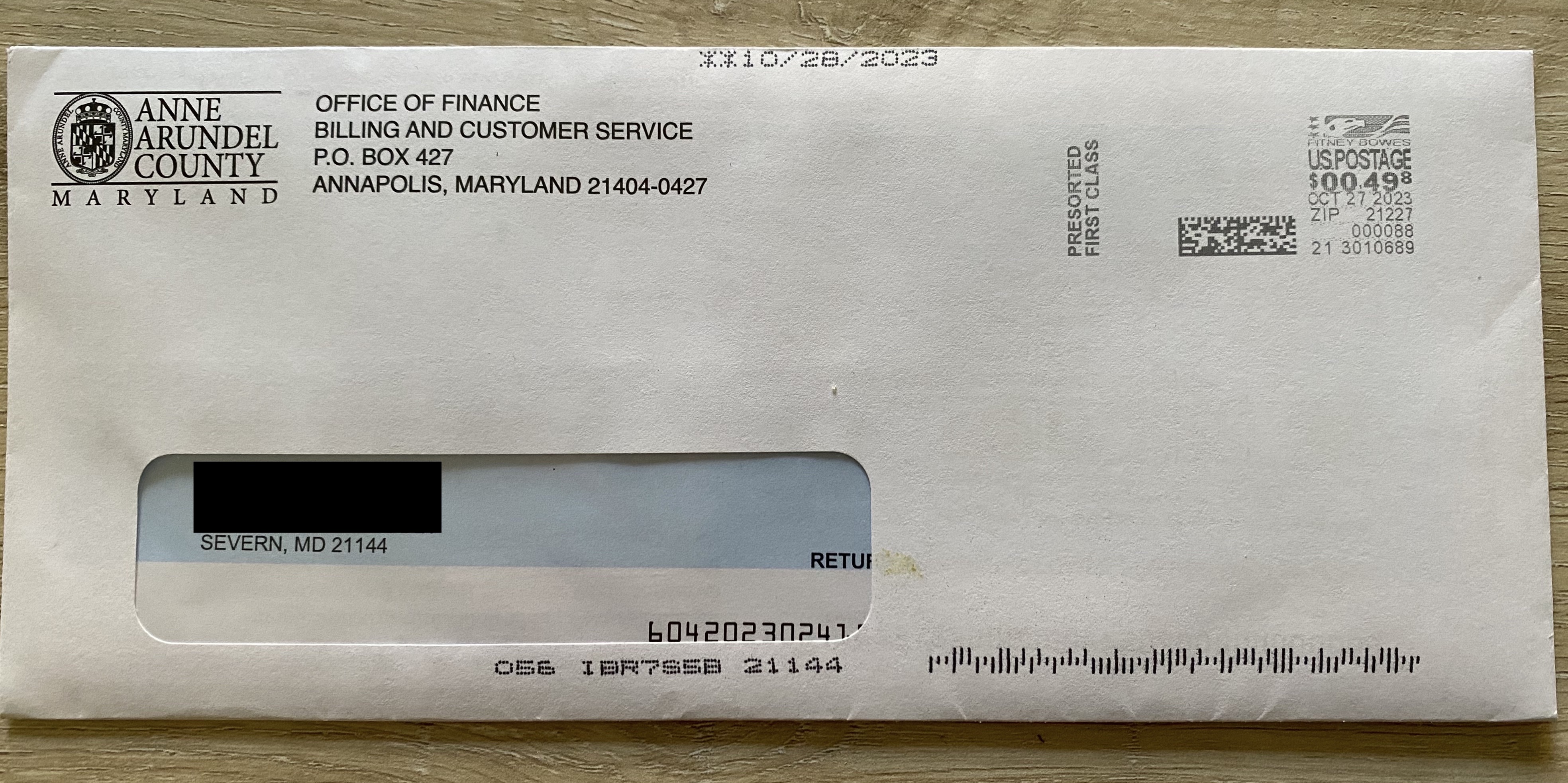 Anne Arundel Water Bill Envelope